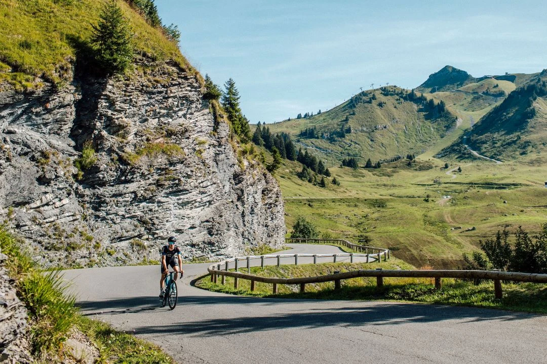 Cyclist riding the Col de Joux Plane, Morzine
